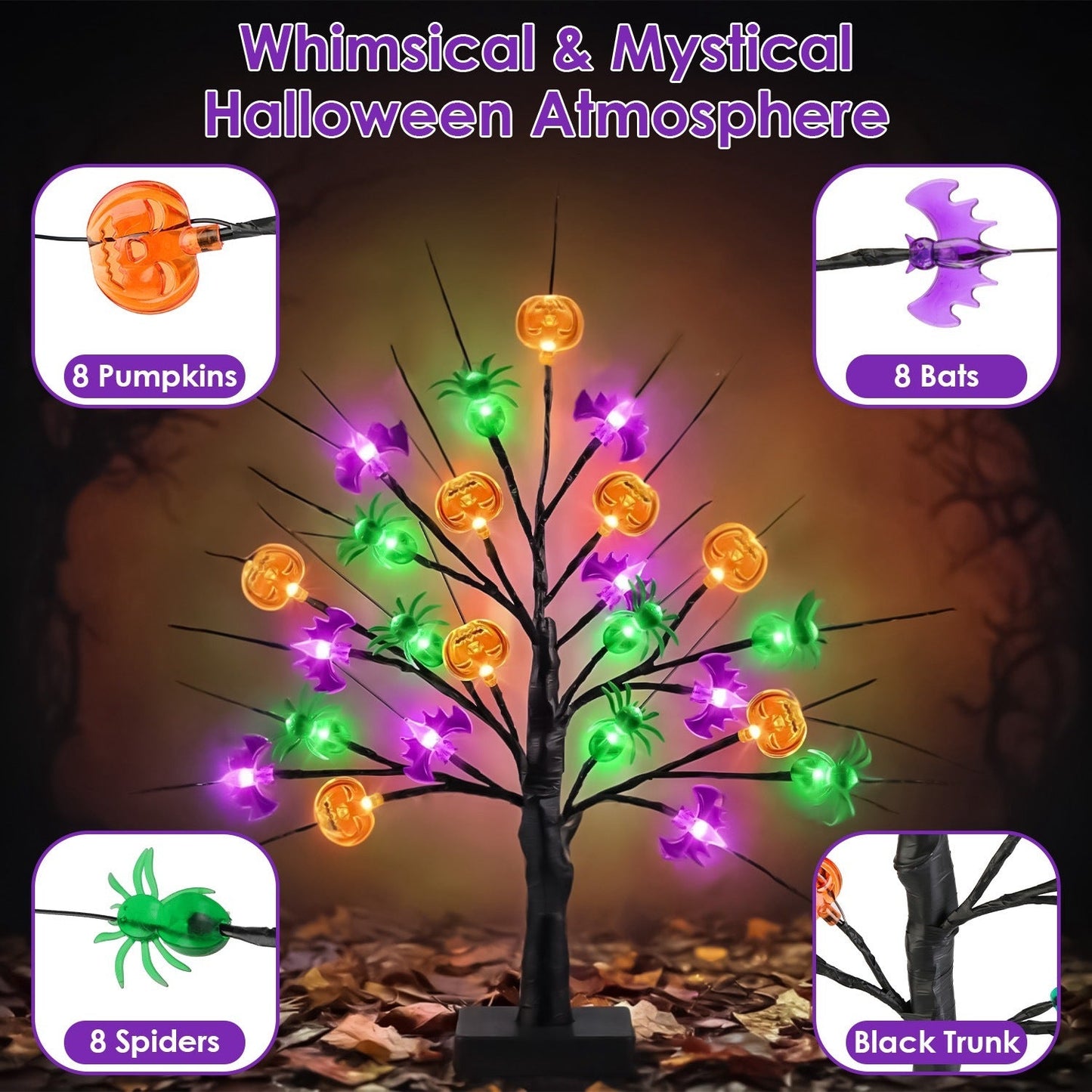 2Pack 1.97FT Lighted Halloween Trees Halloween Indoor Decorations Black Halloween Tree Lights With Timer Adjustable Twigs For Tabletop Party - Trendora