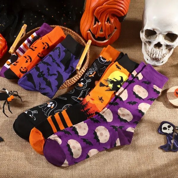 6 Pairs Halloween Christmas Socks For Men Women Girls Funny Pumkin Spider Black Cat Cotton Sock Set - Trendora
