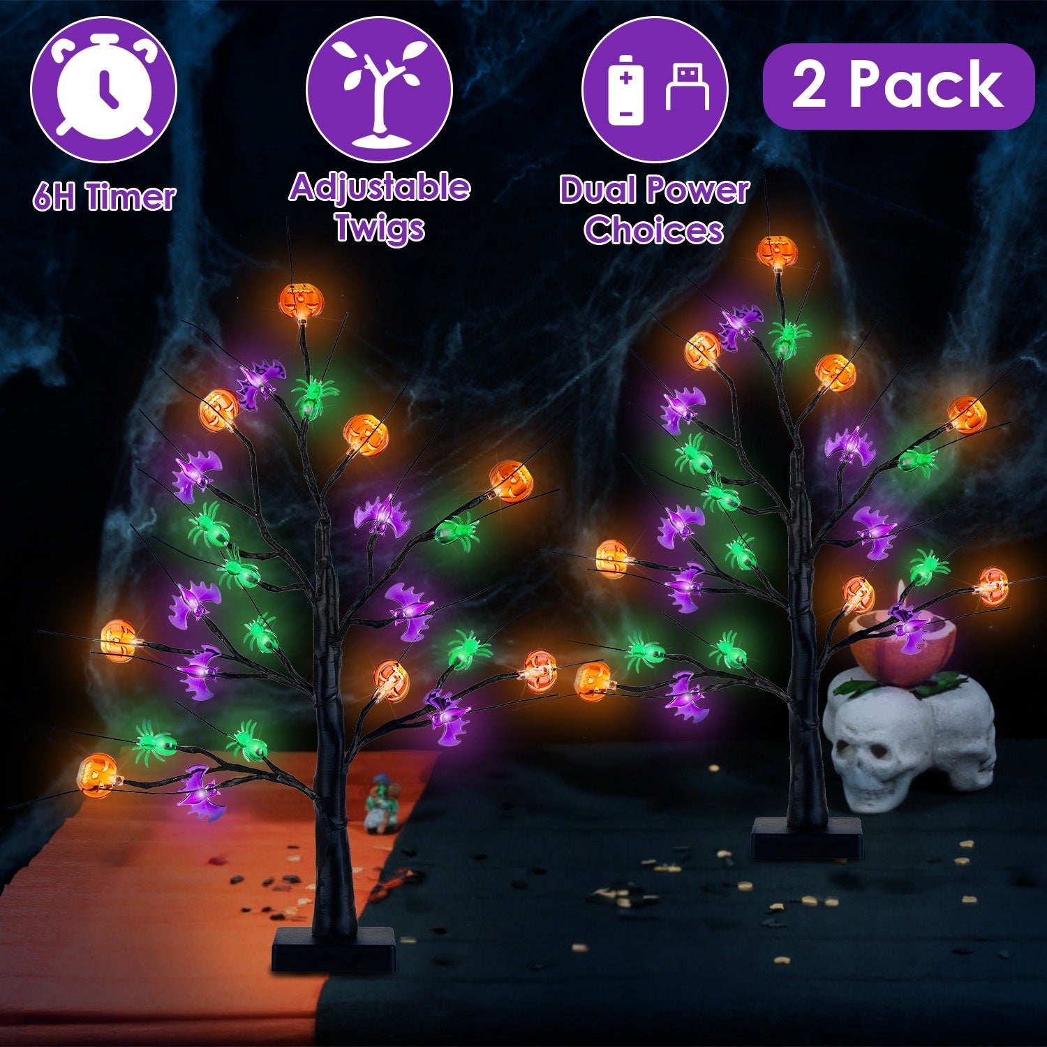 2Pack 1.97FT Lighted Halloween Trees Halloween Indoor Decorations Black Halloween Tree Lights With Timer Adjustable Twigs For Tabletop Party - Trendora