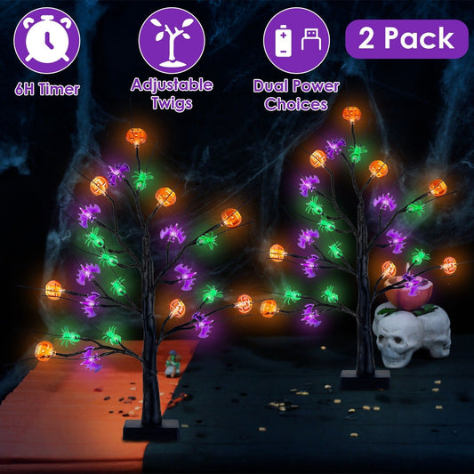 2Pack 1.97FT Lighted Halloween Trees Halloween Indoor Decorations Black Halloween Tree Lights With Timer Adjustable Twigs For Tabletop Party - Trendora