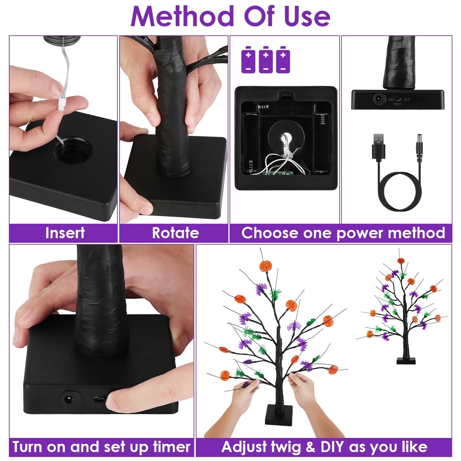 2Pack 1.97FT Lighted Halloween Trees Halloween Indoor Decorations Black Halloween Tree Lights With Timer Adjustable Twigs For Tabletop Party - Trendora