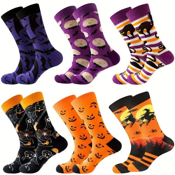6 Pairs Halloween Christmas Socks For Men Women Girls Funny Pumkin Spider Black Cat Cotton Sock Set - Trendora
