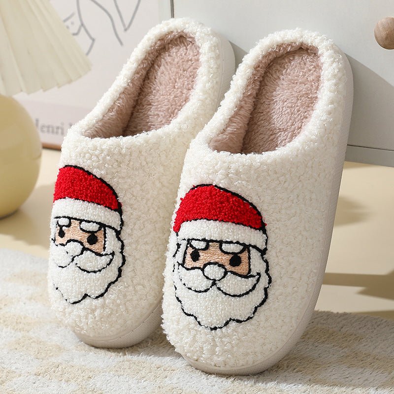 Christmas Home Slippers Cute Cartoon Santa Claus Cotton Slippers For Women And Men Couples Winter Warm Furry Shoes - Trendora