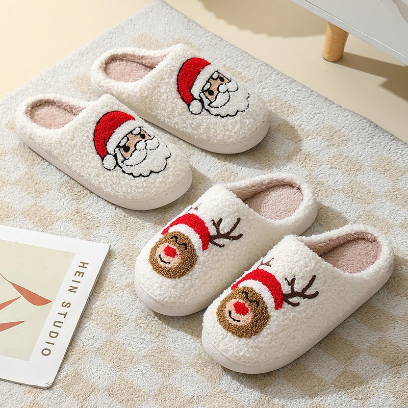 Christmas Home Slippers Cute Cartoon Santa Claus Cotton Slippers For Women And Men Couples Winter Warm Furry Shoes - Trendora