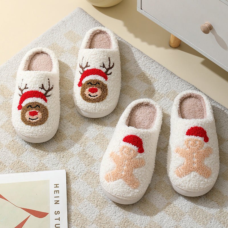 Christmas Home Slippers Cute Cartoon Santa Claus Cotton Slippers For Women And Men Couples Winter Warm Furry Shoes - Trendora