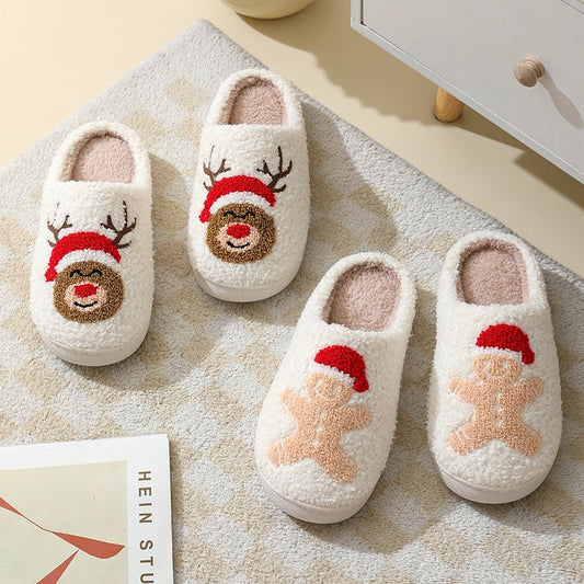 Christmas Home Slippers Cute Cartoon Santa Claus Cotton Slippers For Women And Men Couples Winter Warm Furry Shoes - Trendora