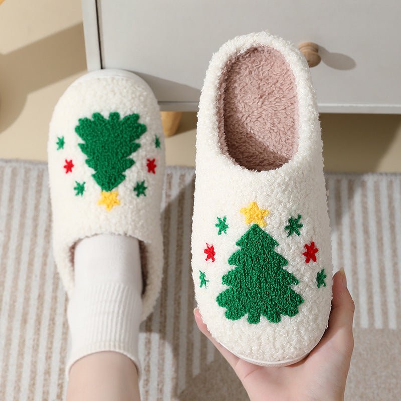 Christmas Home Slippers Cute Cartoon Santa Claus Cotton Slippers For Women And Men Couples Winter Warm Furry Shoes - Trendora
