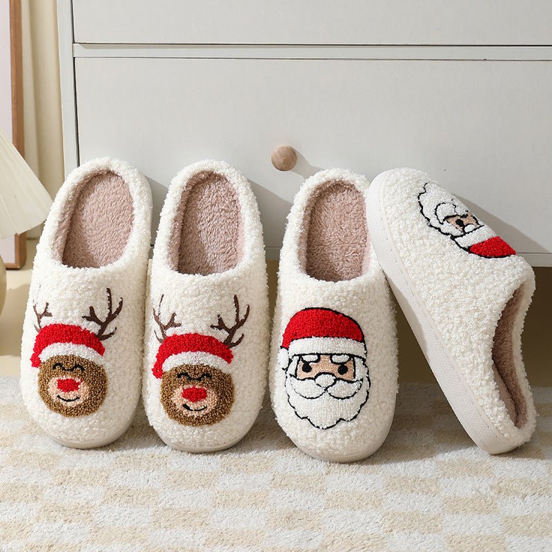 Christmas Home Slippers Cute Cartoon Santa Claus Cotton Slippers For Women And Men Couples Winter Warm Furry Shoes - Trendora