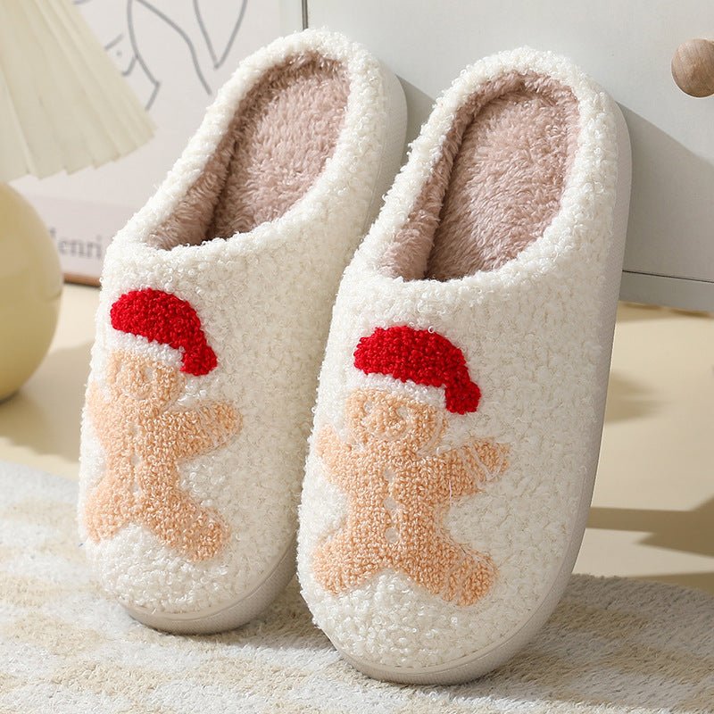 Christmas Home Slippers Cute Cartoon Santa Claus Cotton Slippers For Women And Men Couples Winter Warm Furry Shoes - Trendora
