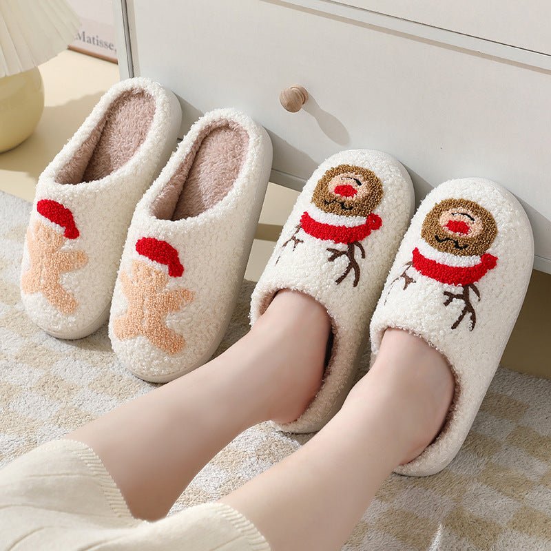Christmas Home Slippers Cute Cartoon Santa Claus Cotton Slippers For Women And Men Couples Winter Warm Furry Shoes - Trendora
