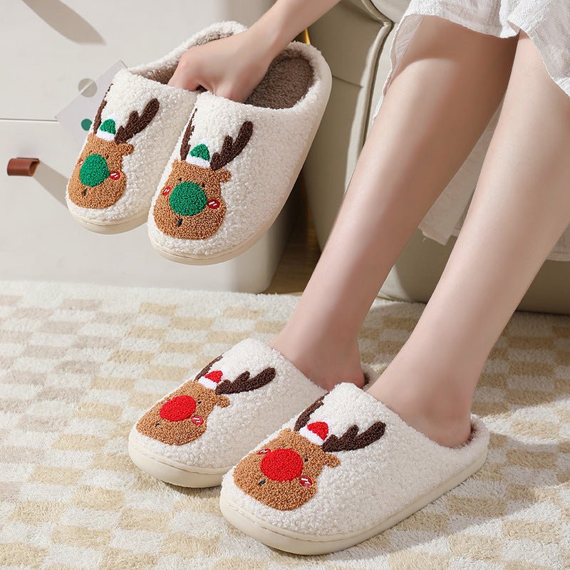 Christmas Shoes Winter Home Slippers Elk Soft Cozy Bedroom Slipper Slip On House Shoes - Trendora