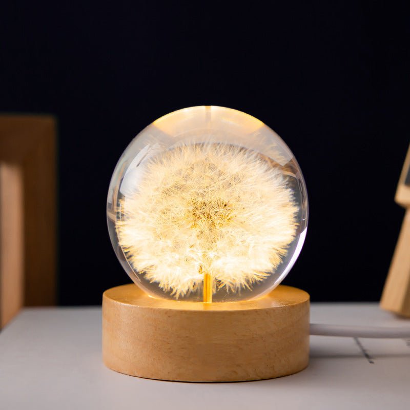 Luminous 3D Dandelion Crystal Ball Beech Wood Stand Base Preserved Flower Sphere Ball Desktop Ornaments Bithday Christmas Gifts - Trendora