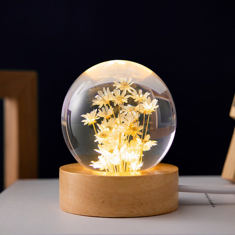 Luminous 3D Dandelion Crystal Ball Beech Wood Stand Base Preserved Flower Sphere Ball Desktop Ornaments Bithday Christmas Gifts - Trendora