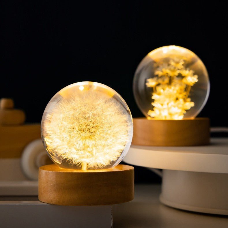 Luminous 3D Dandelion Crystal Ball Beech Wood Stand Base Preserved Flower Sphere Ball Desktop Ornaments Bithday Christmas Gifts - Trendora