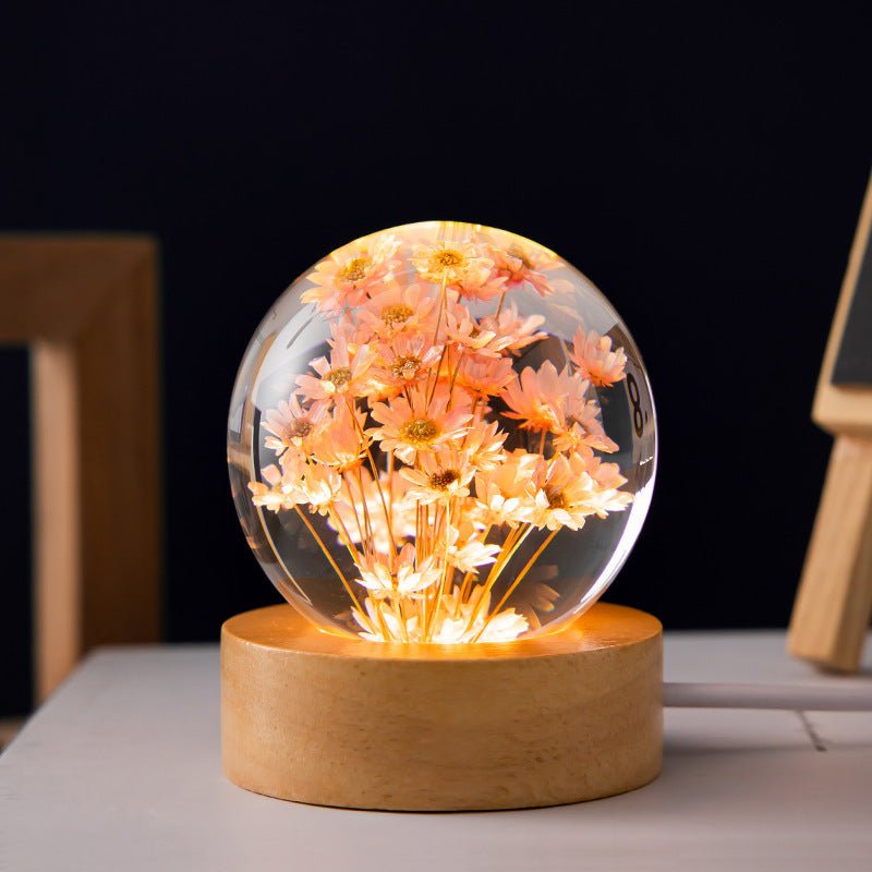 Luminous 3D Dandelion Crystal Ball Beech Wood Stand Base Preserved Flower Sphere Ball Desktop Ornaments Bithday Christmas Gifts - Trendora