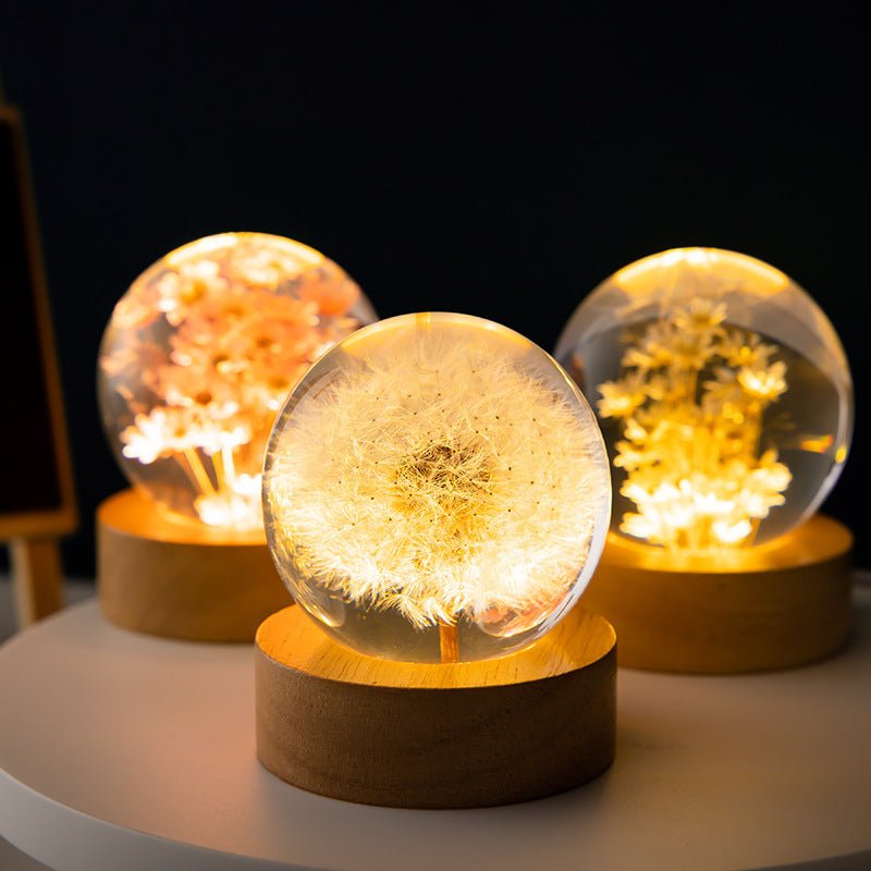 Luminous 3D Dandelion Crystal Ball Beech Wood Stand Base Preserved Flower Sphere Ball Desktop Ornaments Bithday Christmas Gifts - Trendora