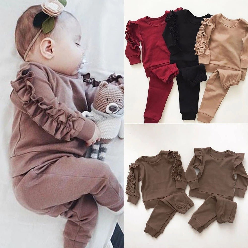 Newborn Baby Boys Girls Ruffles Jumper Solid Long Sleeve Sweatshirt Tops Pants Infant Kids 2Pcs Outfits Clothes Set Fall Clothes - Trendora
