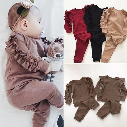 Newborn Baby Boys Girls Ruffles Jumper Solid Long Sleeve Sweatshirt Tops Pants Infant Kids 2Pcs Outfits Clothes Set Fall Clothes - Trendora